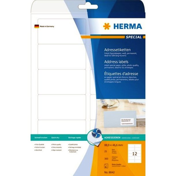 Herma etiketter - hvide p A4<br>88,9mmx46,5mm - 300 etiketter<br>Coated fotopapir