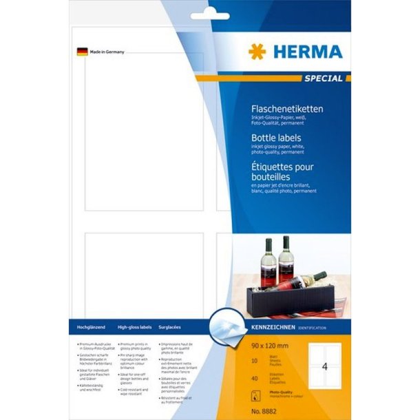 Herma etiketter - hvide p A4<br>Glossy flaskelabels<br>90,0mmx120,0mm - 40 etiketter