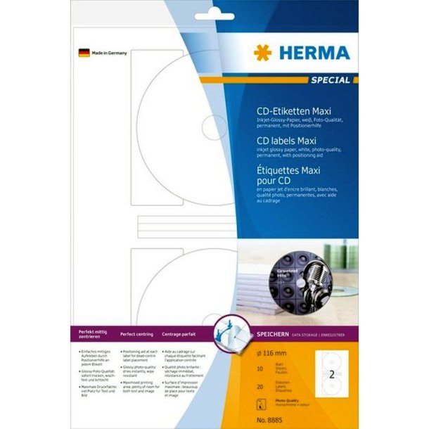 Herma etiketter til CD p A4 ark<br>hvide CD labels - 116/18,5mm<br>20 stk. etiketter print selv