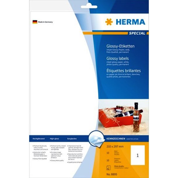 Herma etiketter - hvide p A4<br>Coated fotopapir<br>210,0mmx297,0mm - 10 etiketter