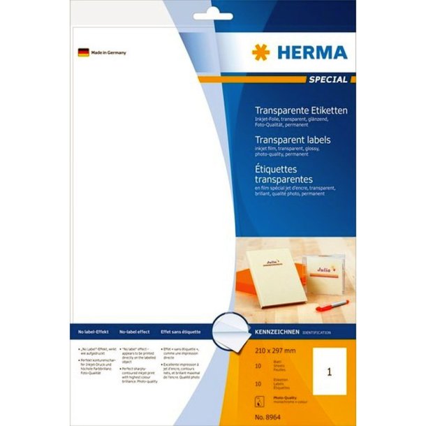 Herma etiketter - transparent p A4<br>folielabels<br>210,0mmx297,0mm - 10 etiketter