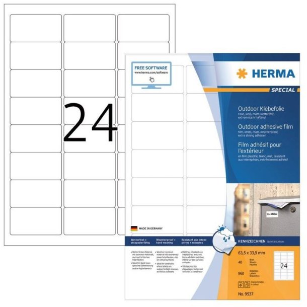 Herma etiketter - hvide p A4<br>63,3mmx33,9mm - 960 etiketter<br>ekstra strk folielabels