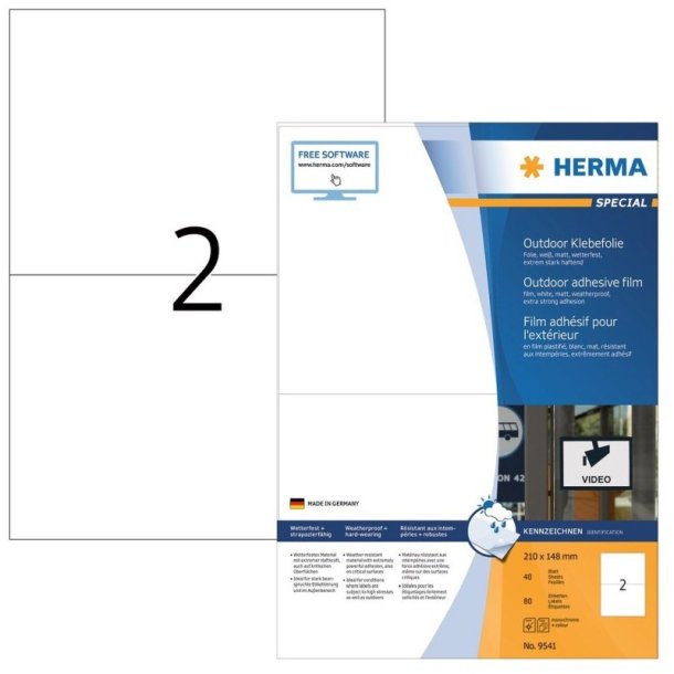 Herma etiketter - hvide p A4<br>210,0mmx148,0mm - 80 etiketter<br>ekstra strk folielabels