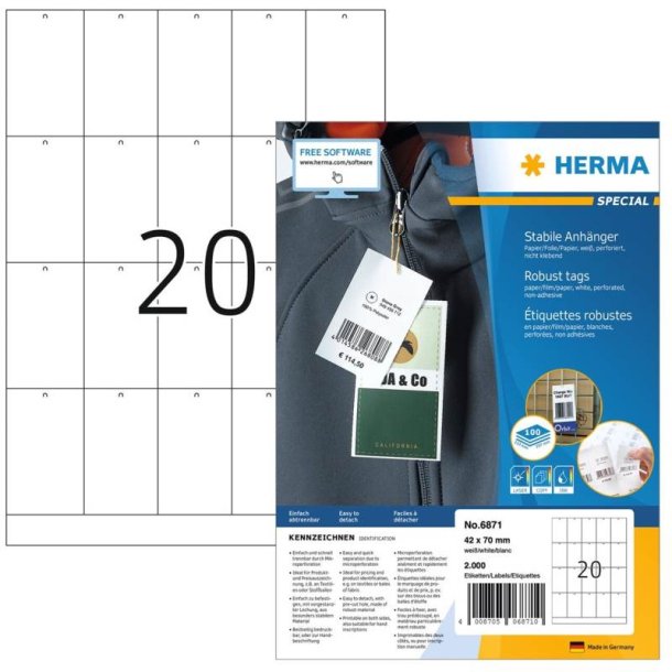 Herma Prism�rker med hul 42x70mm p� A4 ark - 2000 stk.