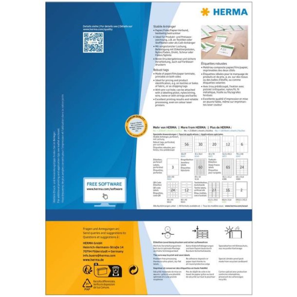 Herma Prism�rker med hul 70x148mm p� A4 ark - 600 stk.
