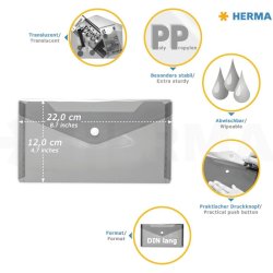 Herma kuvertmappe - 22x12cm - Gennemsigtig hvid - Knaplukning - 5 stk.