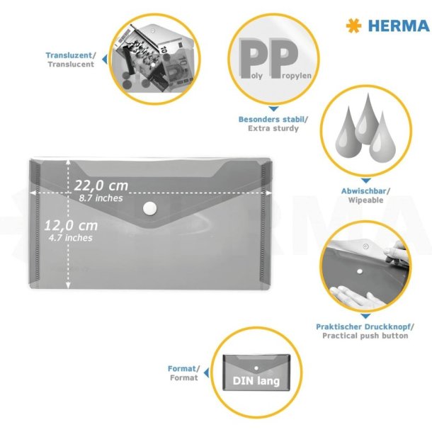 Herma kuvertmappe - 22x12cm - Gennemsigtig hvid - Knaplukning - 5 stk.