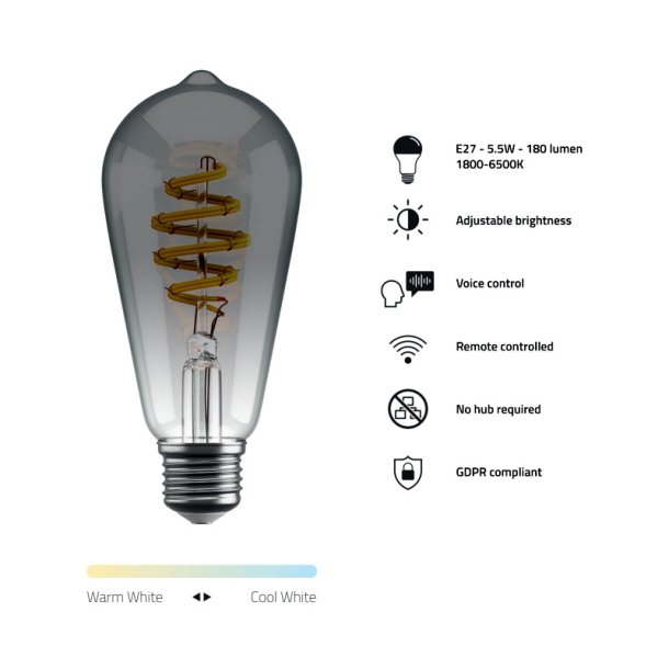 Hombli Smart bulb - ST64 CCT Filament (E27) - Smokey