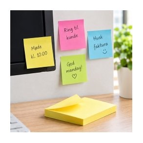 Post-it notes i gult 76x76 og 38x51 mm fra 3M og Esselte til kontor og studie