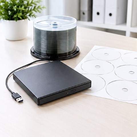 Eksternt dvd-drev, dvd-r diske og cd-etiketter – komplet sortiment til optiske medier