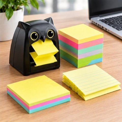 Post-it Z-notes med ugle-dispenser i sort fra 3M til skrivebord og reception