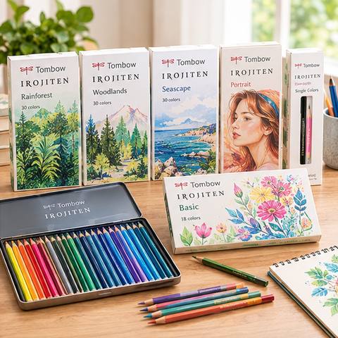 Tombow Irojiten farveblyanter i enkeltfarver og kuraterede sæt — Rainforest, Woodlands og Seascape i naturinspirerede toner