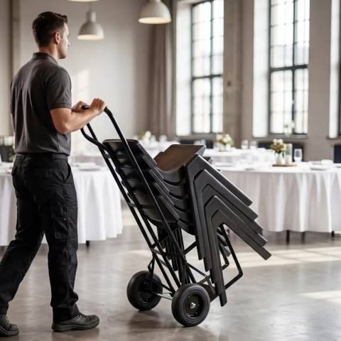 En kvalitets stolevogn bidrager til bedre ergonomi og effektiv h&aring;ndtering af stole i travle arbejdsmilj&oslash;er.