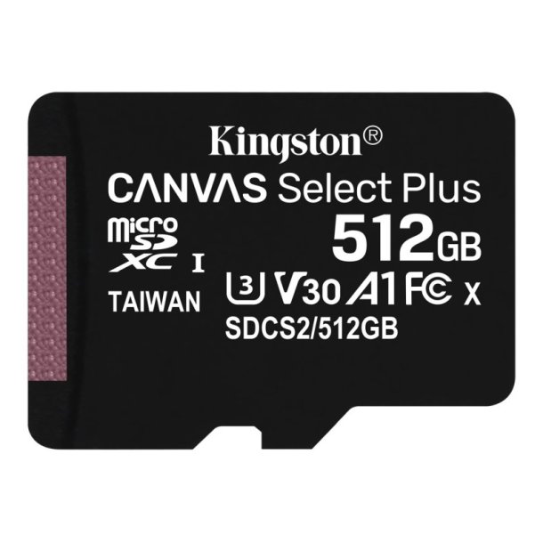 KINGSTON 512GB microSDXC - Canvas Select Plus - 100R A1 C10 Single Pack w/o ADP