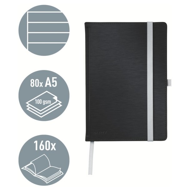 Leitz Style Notesbog A5 - linieret - hardcover sort - 80 ark - 100g