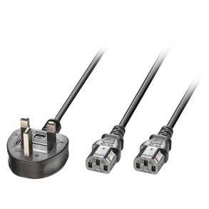 Lindy - 2.5m UK 3 Pin Plug to 2 x IEC C13 Splitter Extension Cable, Black - Black - Male - Female - 2.5 m - 2 x C13 coup