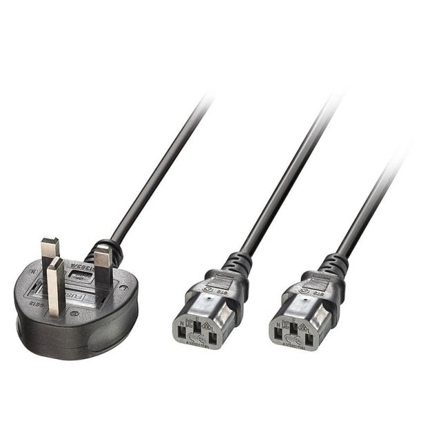 Lindy - 2.5m UK 3 Pin Plug to 2 x IEC C13 Splitter Extension Cable, Black - Black - Male - Female - 2.5 m - 2 x C13 coup