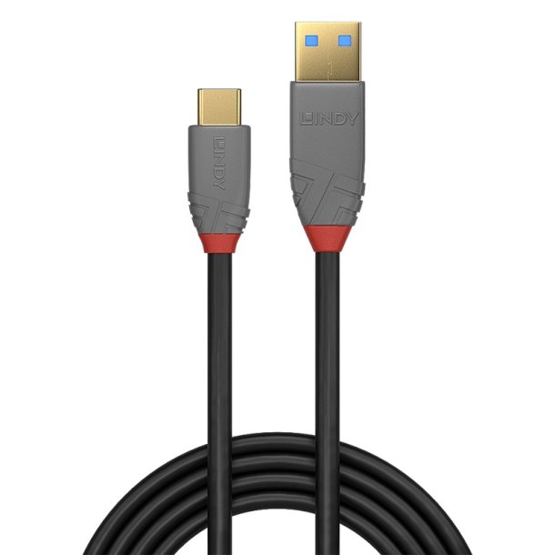 Lindy - 0.5m USB 3.2 Type A to C Cable, 10Gbps, 5A, PD, Anthra Line - USB C - USB A - Male - Straight - 24/30/32 - Gold