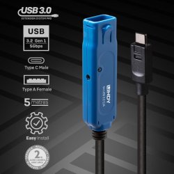 Lindy - 5m USB 3.2 Gen 1 C/A Active Extension Pro - USB 3.2 Gen 1 (3.1 Gen 1) - USB C - USB A - Male - Female - Straight