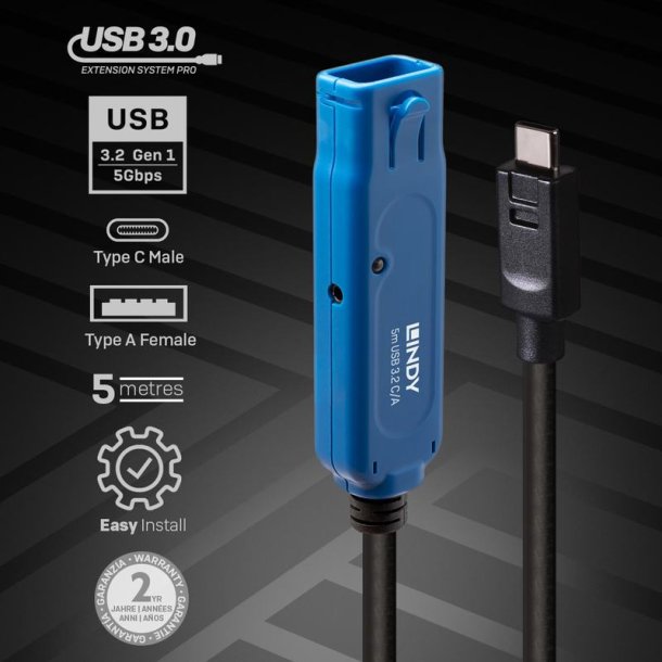 Lindy - 5m USB 3.2 Gen 1 C/A Active Extension Pro - USB 3.2 Gen 1 (3.1 Gen 1) - USB C - USB A - Male - Female - Straight