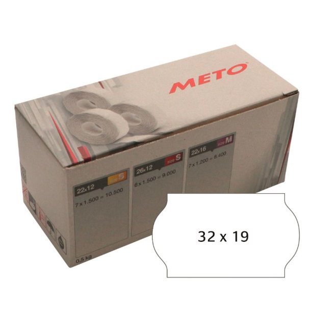 Meto etiket - permanent - 32x19mm - hvid - 5 ruller med 1000 stk. - I alt 5000 stk.