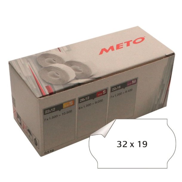 Meto etiket - aftagelige - 32x19mm - hvid - 5 ruller med 1000 stk. - I alt 5000 stk.