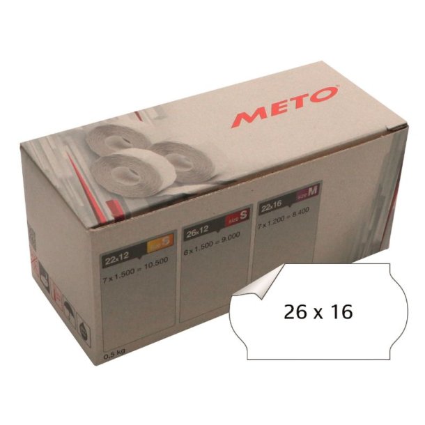 Meto etiket - aftagelige - 26x16mm - hvid - 6 ruller med 1200 stk. - I alt 7200 stk.