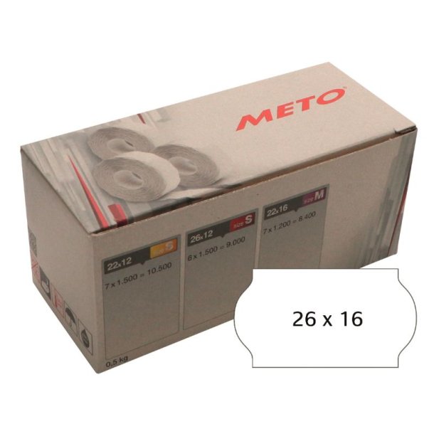 Meto etiket - permanent - 26x16mm - hvid - 6 ruller med 1200 stk. - I alt 7200 stk.