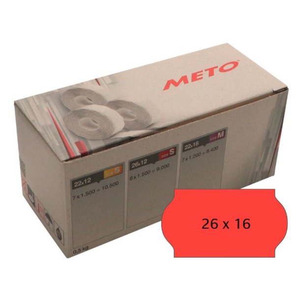 Meto etiket - permanent - 26x16mm - rd - 6 ruller med 1200 stk. - I alt 7200 stk.