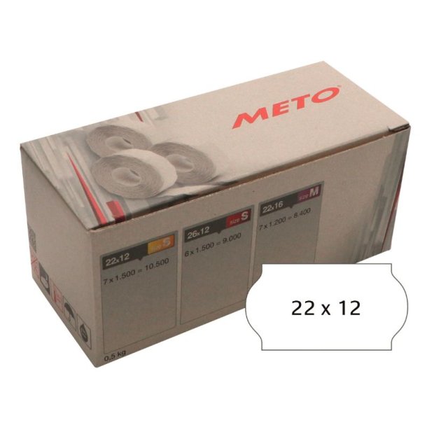 Meto etiket - permanent - 22x12mm - hvid - 7 ruller med 1500 stk. - I alt 10500 stk.