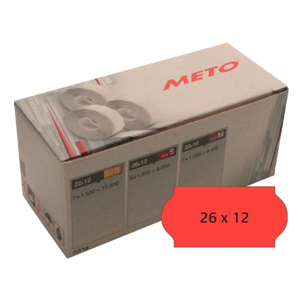 Meto etiket - permanent - 26x12mm - rd - 6 ruller med 1500 stk. - I alt 9000 stk.