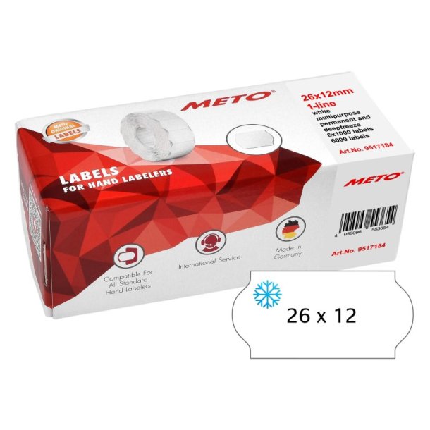 Meto fryseetiket permanent - 26x12mm - 6 ruller med 1000 hvide