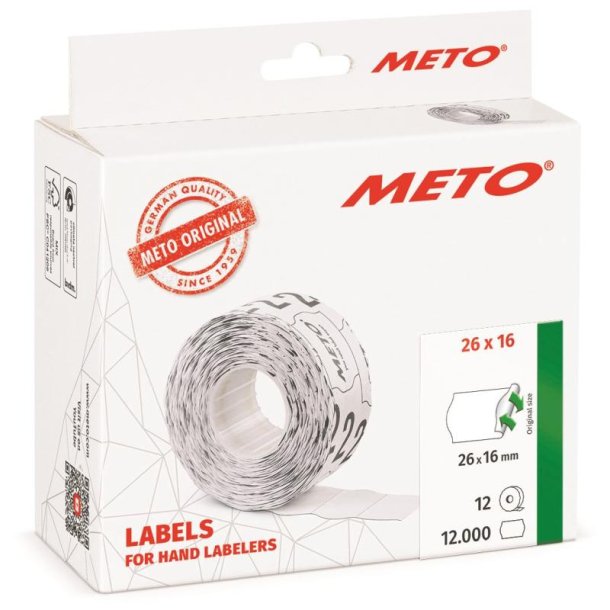 Meto prism�rker aftagelige - 26x16mm - 12 ruller med 1000 hvide