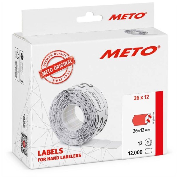 Meto prism�rker permanent - 26x12mm - 12 ruller med 1000 r�de