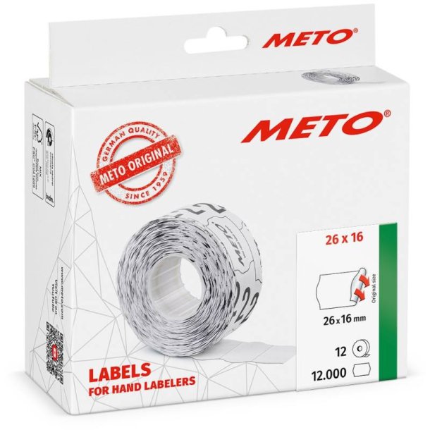 Meto prism�rker permanent - 26x16mm - 12 ruller med 1000 hvide