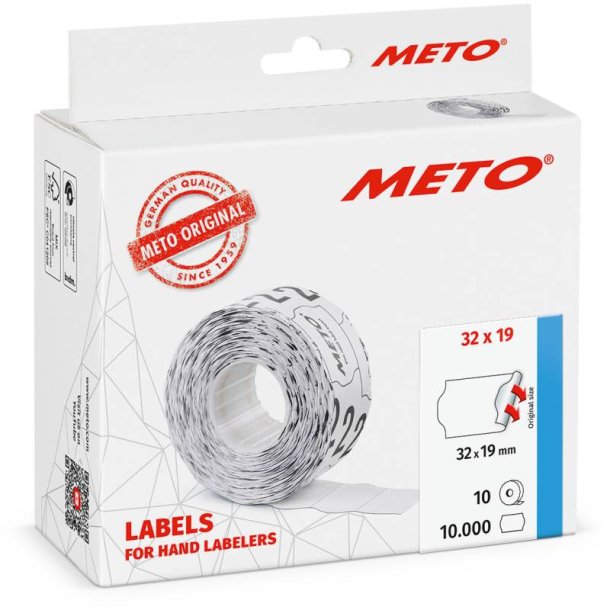 Meto prism�rker permanent - 32x19mm - 10 ruller med 1000 hvide