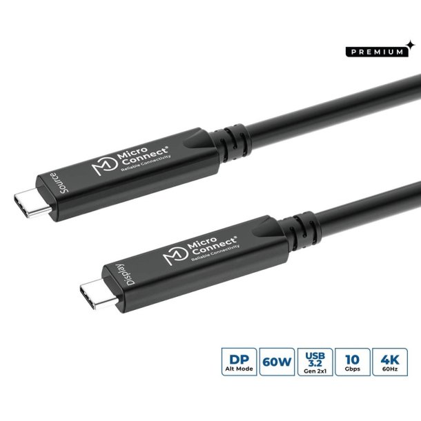 MicroConnect - USB-C to USB-C cable 20m, Premium fiber, Bidirectional. 10Gbps, 8K, 40W - USB 3.2 Gen 2 (3.1 Gen 2) - USB