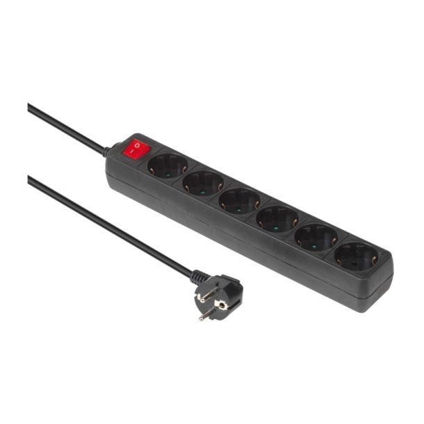 MicroConnect str�mskinne 6-vejs Schuko stikkontakt t�nd/sluk-knap 5M - sort - med b�rnesikring