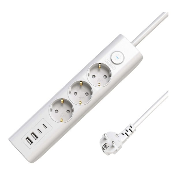  MicroConnect str�mskinne 3-vejs USB Schuko t�nd/sluk-knap 1,5M - hvid
