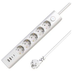  MicroConnect str�mskinne 5-vejs USB Schuko t�nd/sluk-knap 1,5M - hvid