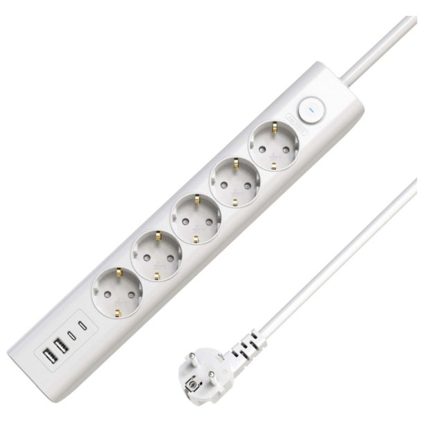  MicroConnect str�mskinne 5-vejs USB Schuko t�nd/sluk-knap 1,5M - hvid