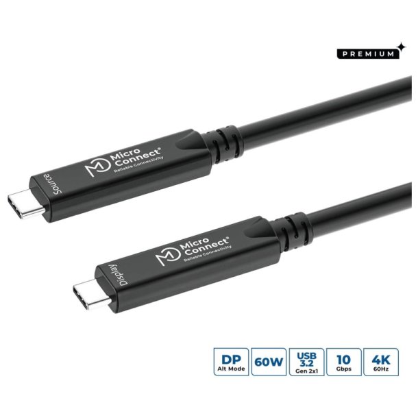 MicroConnect USB kabel - USB-C to USB-C cable 5m - Premium fiber - Bidirectional. 
