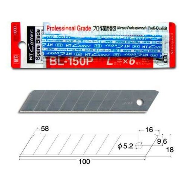 NT-Cutter BL-150P Skreblade til 18mm junior hobbykniv - Pakke med 6 stk.
