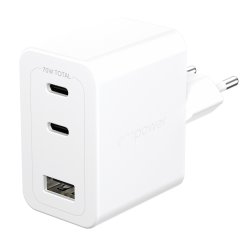 PanzerGlass Empower Turbo 70W oplader med 2x USB-C + USB-A | EU-stik | S�lvhvid