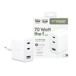 PanzerGlass Empower Turbo 70W oplader med 2x USB-C + USB-A | EU-stik | S�lvhvid