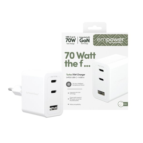 PanzerGlass Empower Turbo 70W oplader med 2x USB-C + USB-A | EU-stik | S�lvhvid
