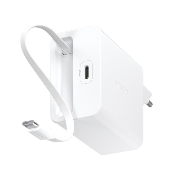 PanzerGlass Empower Turbo 67W oplader med udtr�kkelig USB-C kabel | S�lv/Hvid