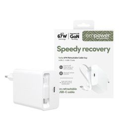 PanzerGlass Empower Turbo 67W oplader med udtr�kkelig USB-C kabel | S�lv/Hvid