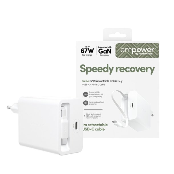 PanzerGlass Empower Turbo 67W oplader med udtr�kkelig USB-C kabel | S�lv/Hvid