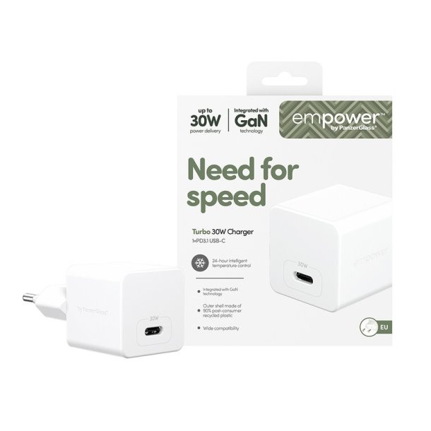 PanzerGlass empower? Turbo 30W oplader med USB-C og GaN-teknologi - s�lv/hvid